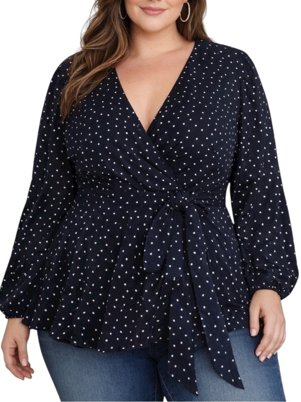 Loft Navy Blue & White Polka Dot Wrap Tie V-Neck Blouse 3/4 Sleeves EUC 22